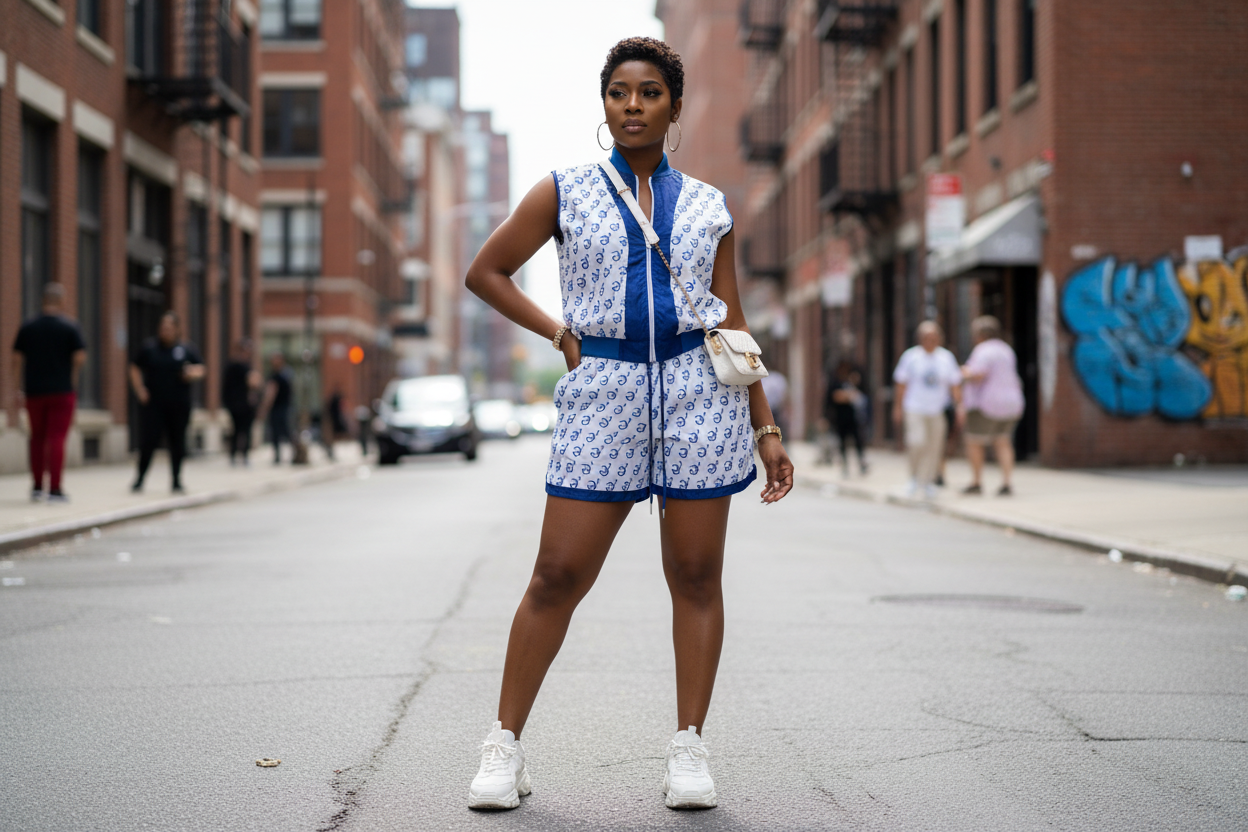 Black female model wearing navy blue and white monogram set in urban setting