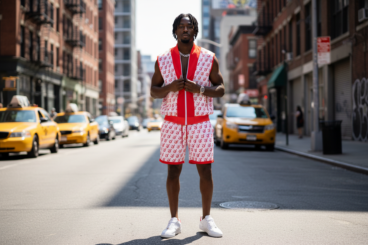 Black male model wearing red and white monogram set in urban setting