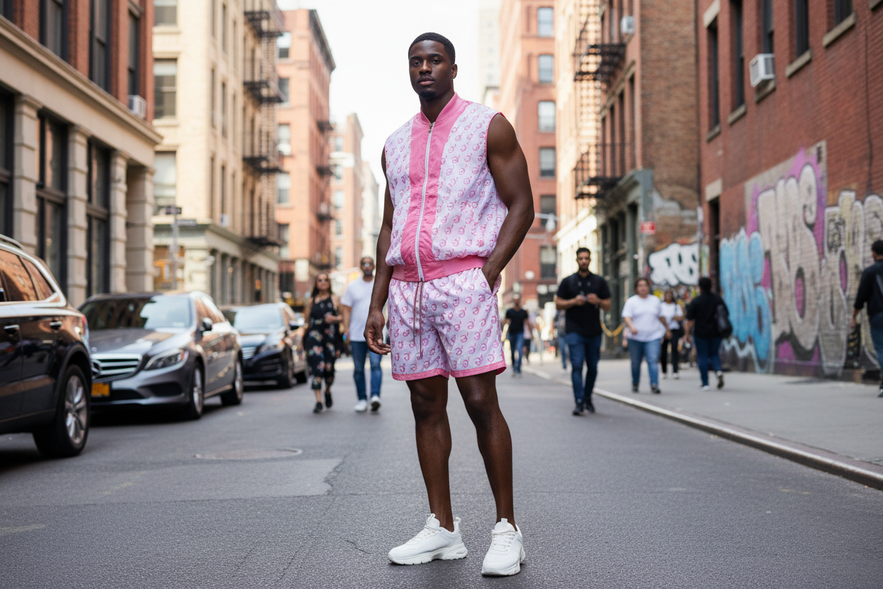 Black male model wearing pink and white monogram set in urban setting