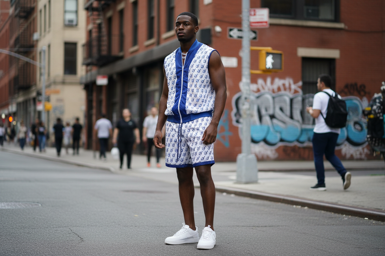 Black male model wearing navy blue and white monogram set in urban setting